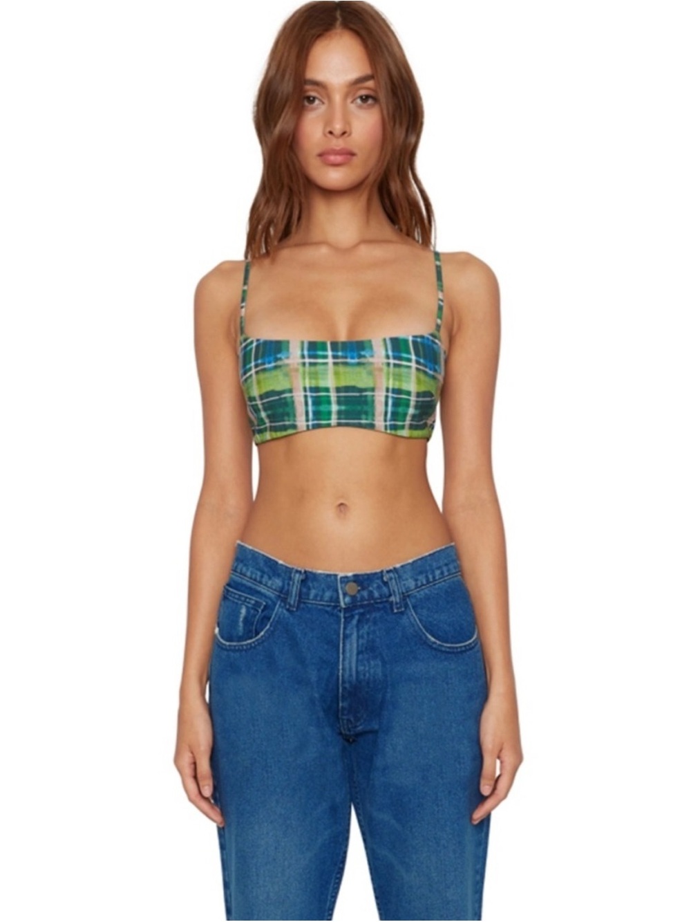 Danielle Guizio Plaid Print Green & Blue Bralette Crop Top Bra Size L